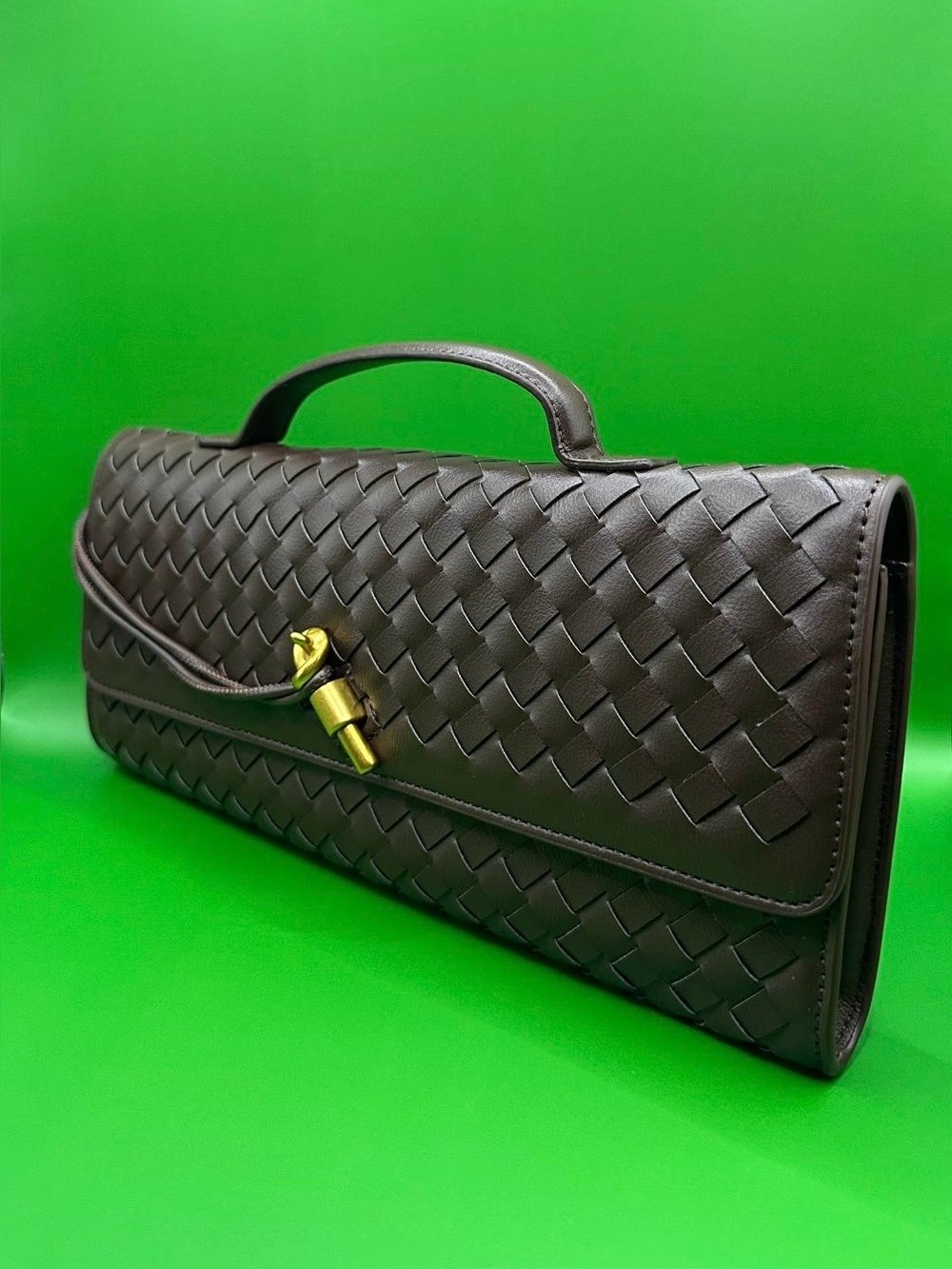 Woven Leather Top-Handle Clutch in Dark Brown